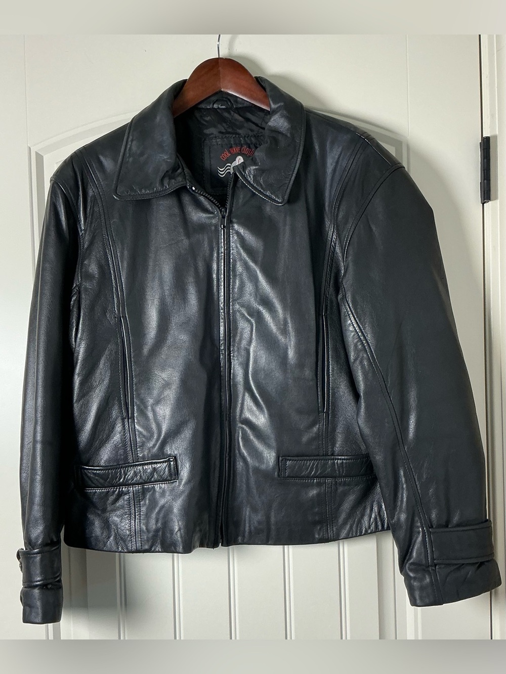 Cool Wave Black Genuine Leather Jacket Women’s L Y2K Moto Biker